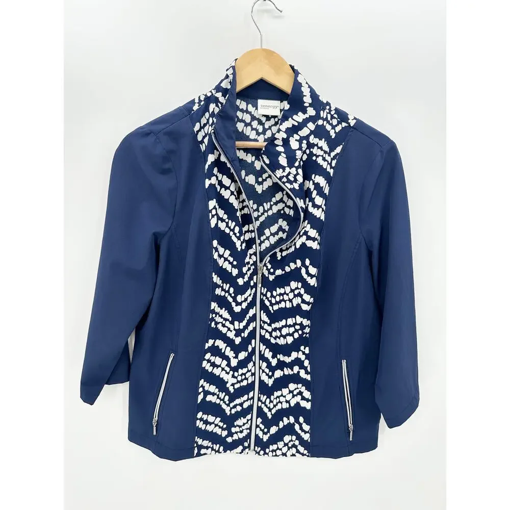 Zenergy by Chicos Women US M Blue White Printed Full Zip Jacket Polyester Golf - Picture 1 of 8